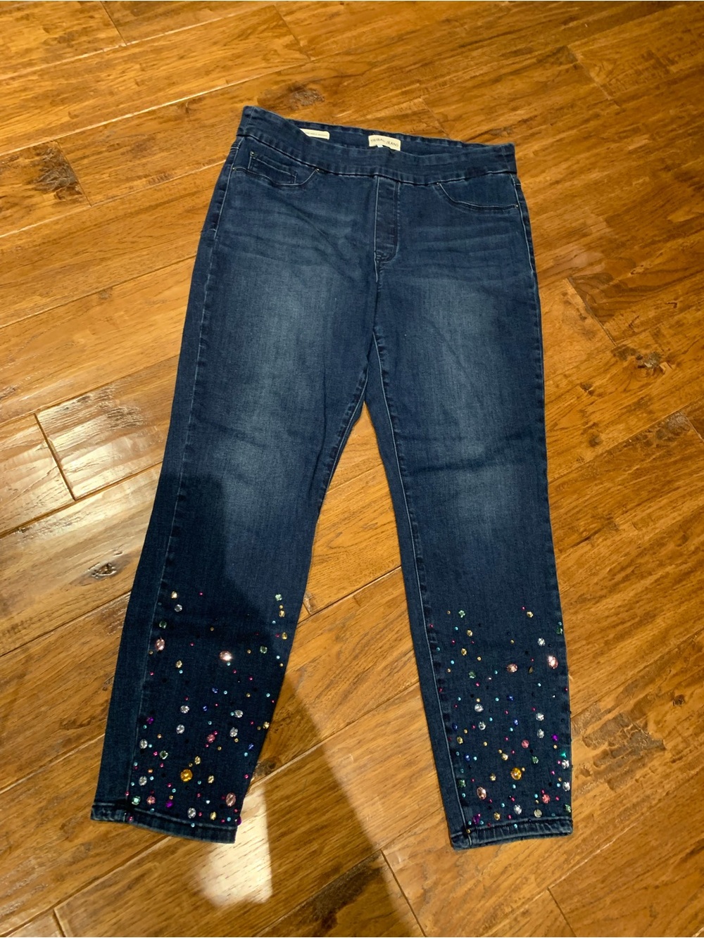 Tribal Dark Blue Cropped Jeans with Multicolor Hem Embellishments